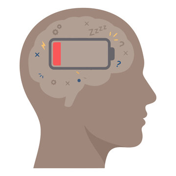 A stylized brain illustration depicts depleted executive function, symbolized by a low battery and scattered thoughts. It conveys mental fatigue and the need for rest. Modern, graphic style.
