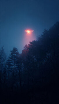 UFO on the background of earthly nature, the picture is abstract.