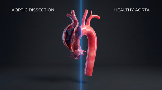 Cross-section of an aorta undergoing dissection versus a healthy artery