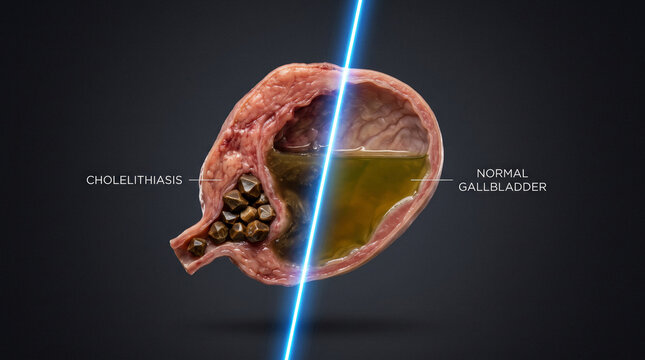 Gallbladder with stones shown next to a normal gallbladder illustration