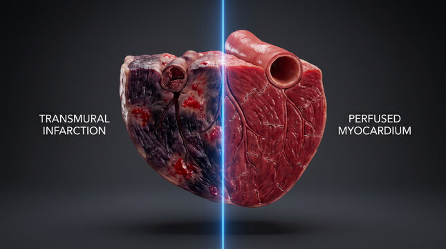 Heart cross-section showing infarct versus perfused myocardium in medical diagram