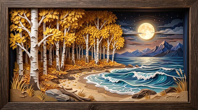 Wooden framed picture of birch forest near ocean coast with full moon illuminating golden autumn leaves trees landscape