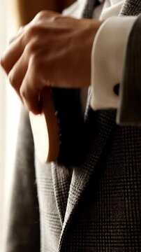 Close up of a hand brushing a textured jacket with a wooden brush