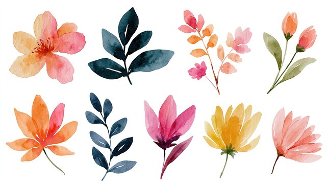 Watercolor floral elements, delicate botanical illustrations, vibrant spring blossoms, artistic floral designs for greeting cards and invitations isolated on White Background