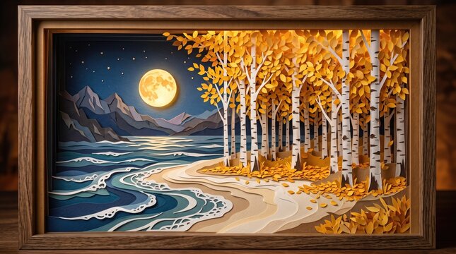 Autumn forest coastline with golden birch trees and full moon glowing over calm ocean waves in wooden frame artwork