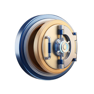 Modern metallic circular vault door with open access and combination lock detail transparent background