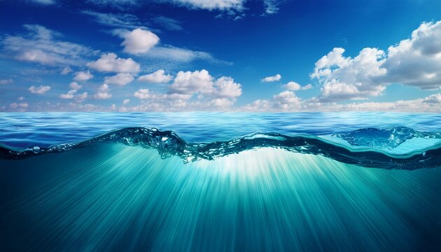 underwater sea surface and deep blue sea against blue sky and soft clouds summer background
