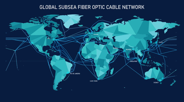 Modern Global Subsea Fiber Optic Cable Network Map Featuring Interconnected Cities with Blue Lines on Dark