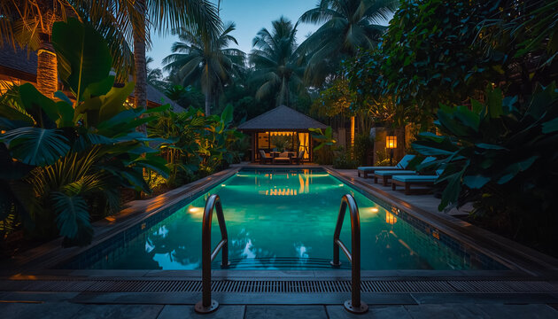 Luxury tropical resort swimming pool at night with palm trees and glowing ambient lighting