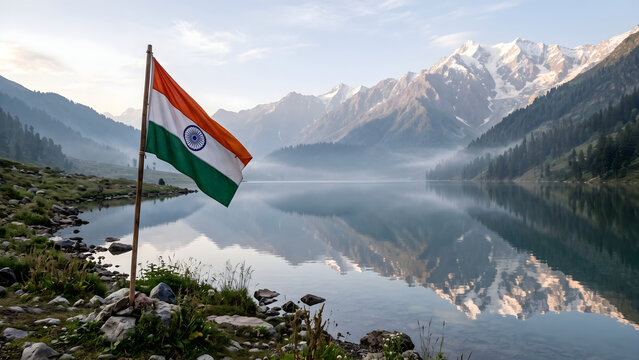 Indian flag waving on edge of serene alpine lake surrounded by dramatic snowy mountains