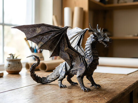Black dragon figurine standing on a wooden table