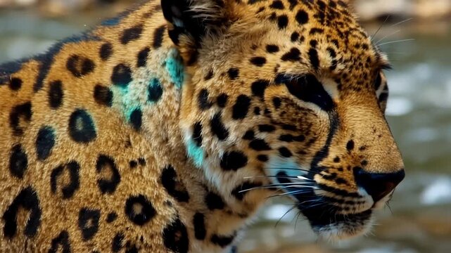 Close-up of a majestic jaguar with striking spotted fur, showcasing its powerful and graceful presence in the wild.