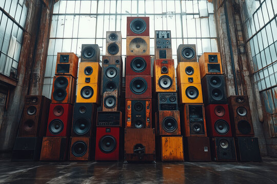 technical equipment, colorful vintage speaker wall inside an industrial hall, photorealistic
