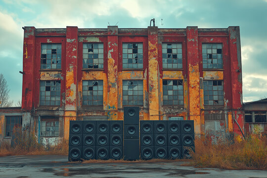 technical equipment, compact black speaker wall in front of an abandoned red factory, photorealistic