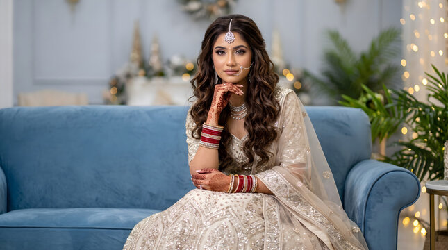 Beautiful indian bride wearing traditional white embroidered wedding lehenga sitting on a blue sofa indoors