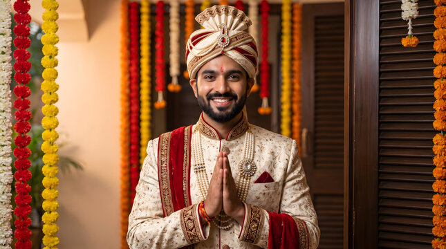 Portrait of a smiling indian groom wearing traditional wedding attire and a turban greeting with folded hands