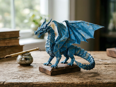 Blue and green dragon toy on a wooden desk