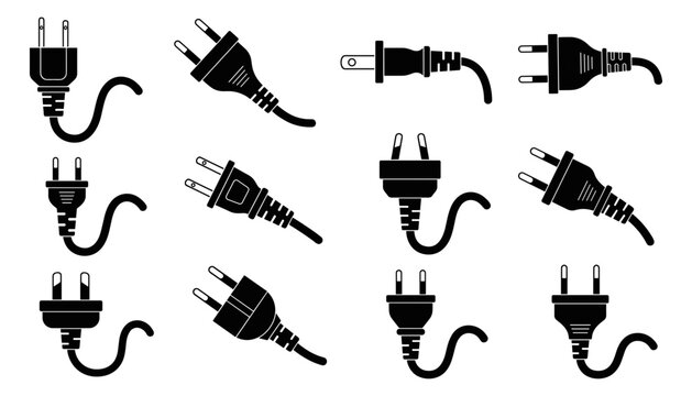 Electrical Plugs and Connectors Set in Flat Vector Style. Various Power Adapter