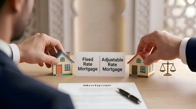 Fixed Rate vs Adjustable Rate Mortgage Comparison Cards with Toy Houses