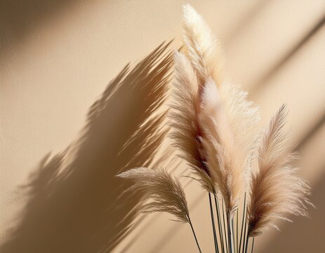 abstract background with pampas grass natural shadows on a beige wall silhouette of reed on beige background