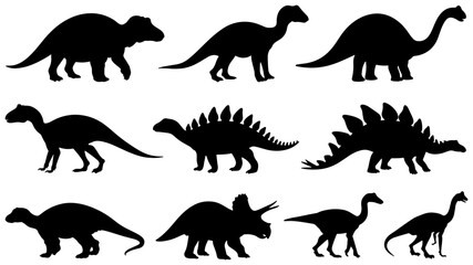 Obraz premium Diverse Dinosaur Silhouettes Collection, Prehistoric Reptile Vector Icons for Educational and Thematic Designs, Jurassic Era Creatures