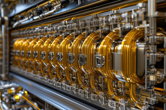 technological evolution, futuristic quantum computer, row of transparent golden computing modules, photorealistic