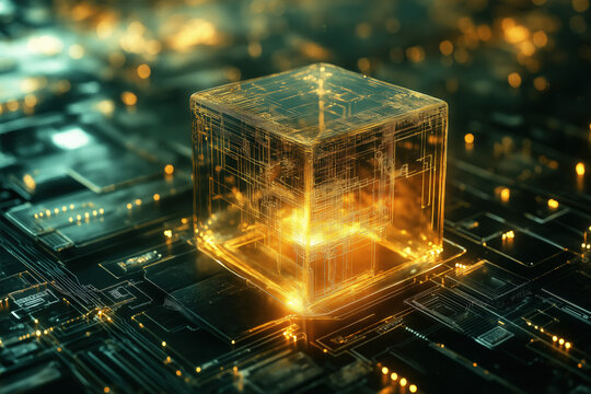 technological evolution, futuristic quantum computer, transparent golden cube on a circuit board, photorealistic