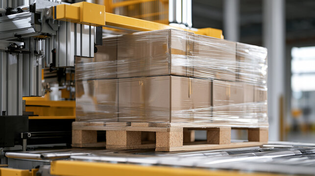 Shrink wrapped pallet load passing through automated transfer station