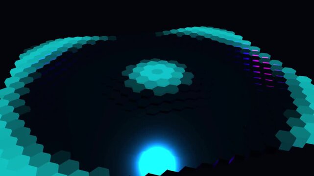 Glowing cyan hexagonal tech grid pulsing with circular light wave on dark background, futuristic technology motion graphic loop
