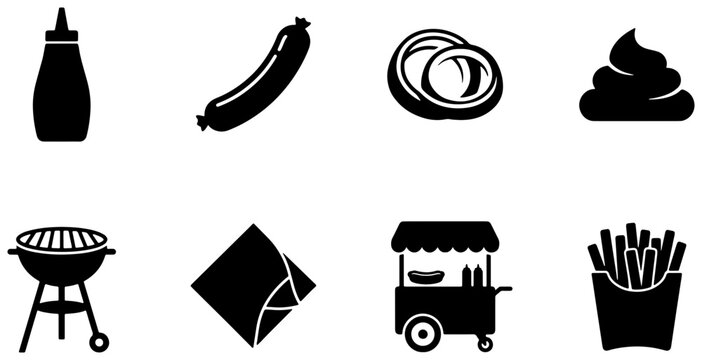 Street Food Icons: Hot Dog Cart, Grill, Fries, Sausage, Ketchup, Onion Rings, Poop, Wrap - Vector Set