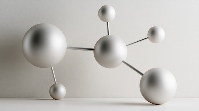 Minimal metallic molecular structure background with silver spheres and connecting rods for science concept design poster banner and abstract technology background