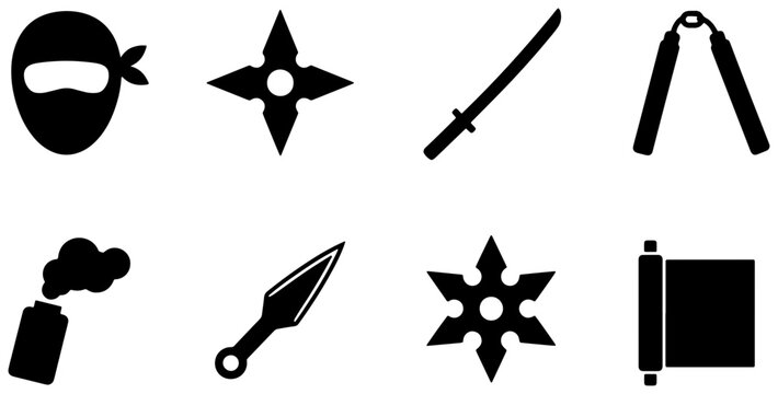 Ninja Warrior Icons Set: Stealthy Combatant Face, Shuriken, Katana Sword, Nunchucks, Smoke Bomb, Kunai, Scroll, Black Silhouette Vector Graphics
