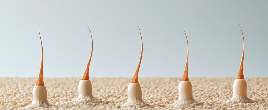 Macro scalp hair follicles close-up showing individual hair strands and skin texture for medical design poster background and dermatology education