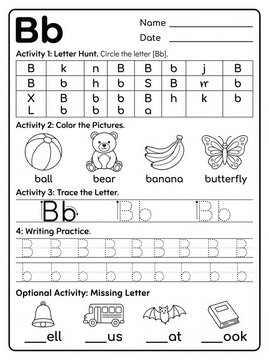 Educational Worksheet for Kindergarten Children Learning the Letter B and Phonetic Sounds