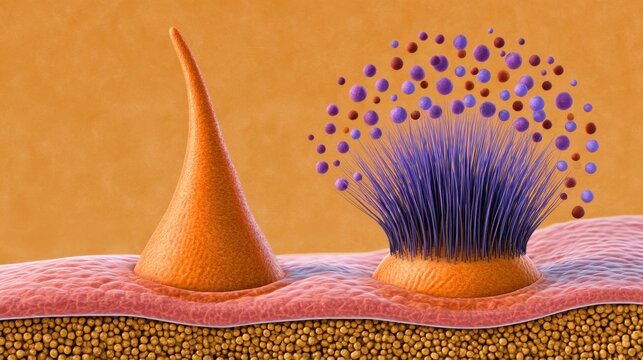 Microscopic cellular surface with hairlike filaments and pollen like particles for science presentation, education poster and background design use