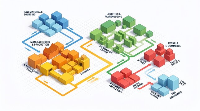 Isometric 3D flowchart with colorful abstract blocks and arrows showing process steps and data flow