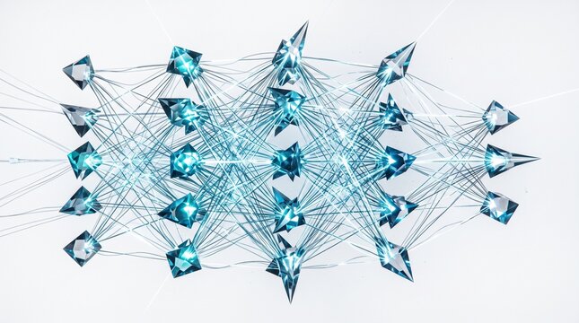 Abstract geometric diamond network in turquoise blue glow on white background for tech design