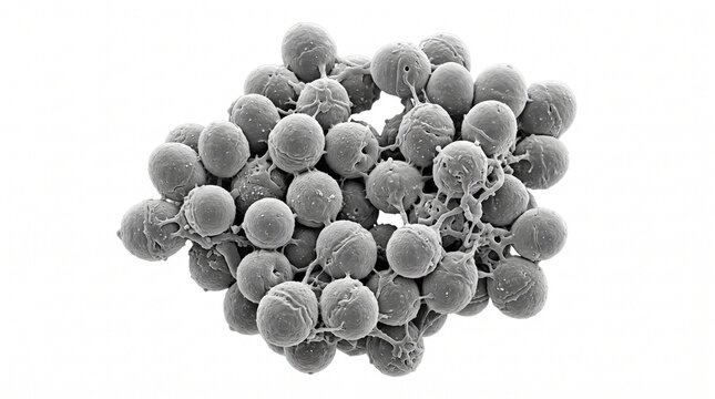 Close-up cluster of metallic silver spheres reflecting light on white background