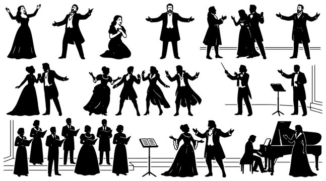 Opera Singers Silhouette Collection, Classical Music Performance Vector Set, Dramatic Vocalists and Musicians, Elegant Performance Art Graphics