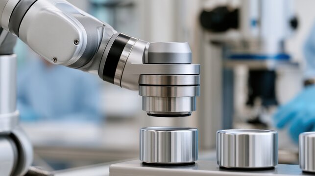 Industrial robotic arm joint metal close up in laboratory automation for engineering design technical background and manufacturing concept