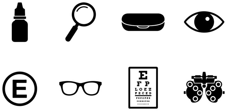 Optometry Icons Set: Eye Care, Vision Test Chart, Eyeglasses, Magnifier, Eye Drops, Case, Eye Symbol, Phoropter