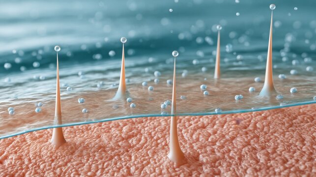 Microneedle skin treatment concept showing transdermal delivery of particles and serum for skincare and dermatology educational and design background use
