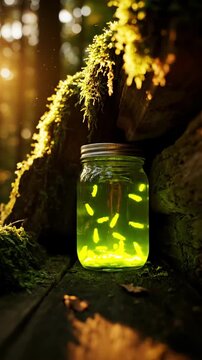 Fireflies glowing in a jar in a sunlit forest setting.