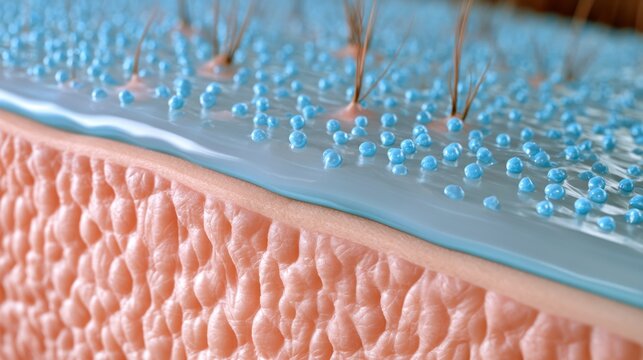 Close-up skin exfoliation scrub with blue microbeads and visible hair follicles for cosmetic skincare design, background, banner and medical beauty product layout