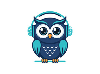 Obraz premium Cute Blue Owl Character Wearing Tech Headphones Vector Illustration