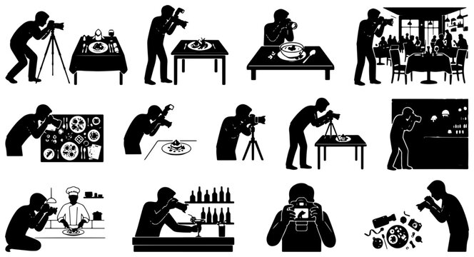 Food Photography Icons Set, Culinary Shots Vector Graphics, Restaurant Meal Captures, Professional Camera Silhouettes, 12 Elements