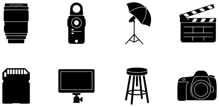 Photography and Videography Equipment Icons: Camera Lens, Light Meter, Umbrella Light, Clapperboard, SD Card, Monitor, Stool, DSLR Camera