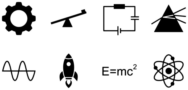Science and Technology Icons: Gear, Seesaw, Circuit, Prism, Wave, Rocket, E=mc&sup2;, Atom