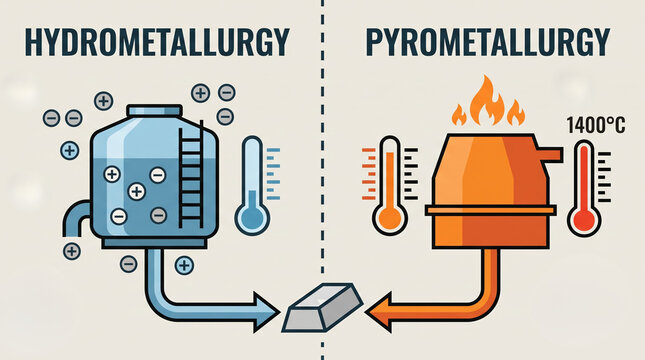 Split diagram comparing hydrometallurgy (blue chemical tank) and pyrometallurgy (orange furnace) processes, funneling into a central metal ingot.