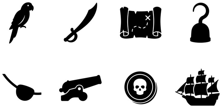 Pirate Icons Collection: Parrot, Cutlass, Treasure Map, Hook Hand, Eye Patch, Cannon, Skull Coin, Galleon Ship